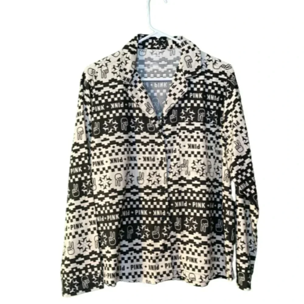 Victoria's Secret PINK Black & Cream Geometric Pattern Pajama Set,‎ Medium